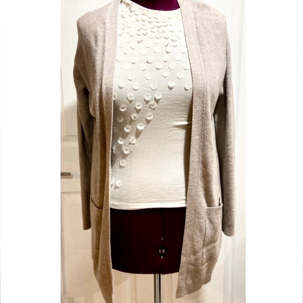 Cyrus Womens Beige Open‎ Front Cardigan Sweater Knit Pockets Long Sleeve Duster